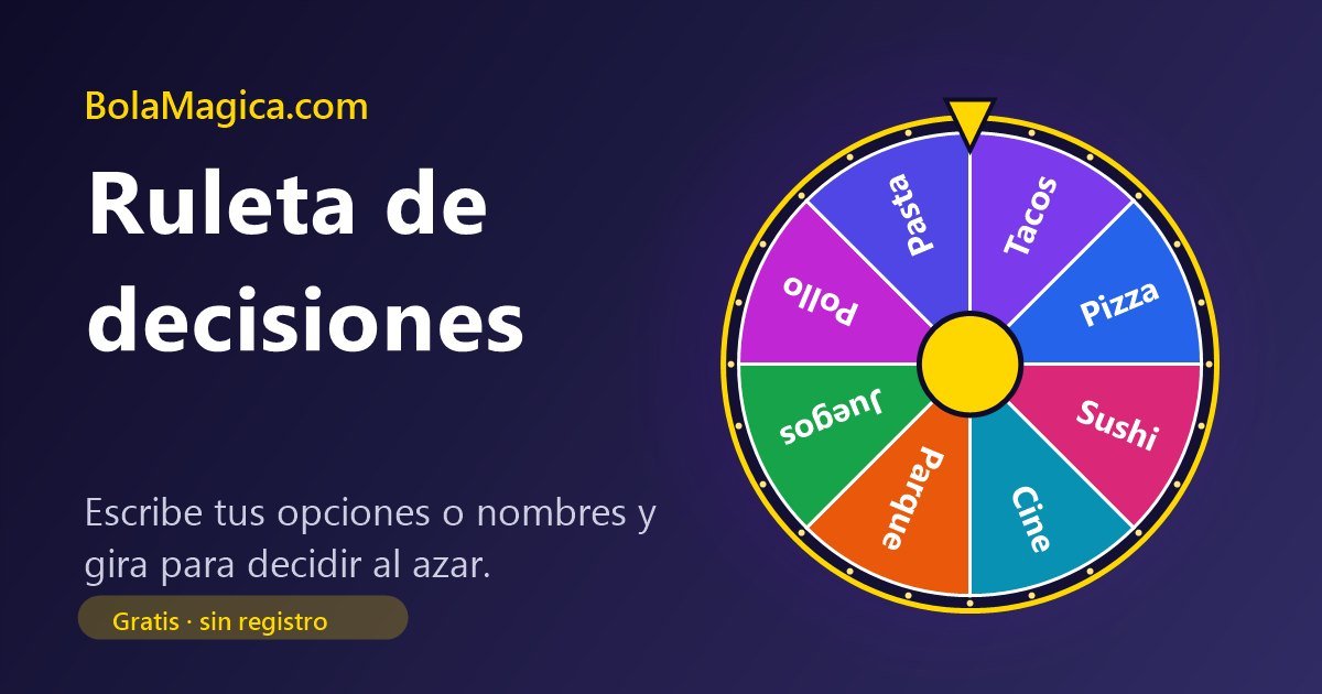 Ruleta de decisiones de colores con opciones como tacos, pizza y sushi